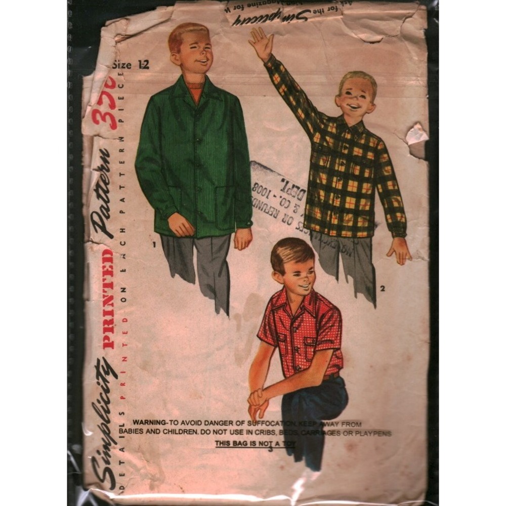 Vintage Simplicity 4100 Boys Shirt‎ Sewing Pattern Size 12 Long Short Sleeve 50s